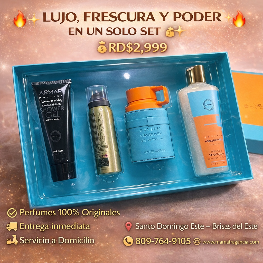 🔥✨ LUJO, FRESCURA Y PODER EN UN SOLO SET ✨🔥 
💰RD$2,999

Descubre el set completo Armaf Odyssey Mandarin Sky – Limited Edition, diseñado para el hombre que quiere oler impecable desde la ducha hasta el último momento del día.

Incluye:
🖤 Shower Gel – L
