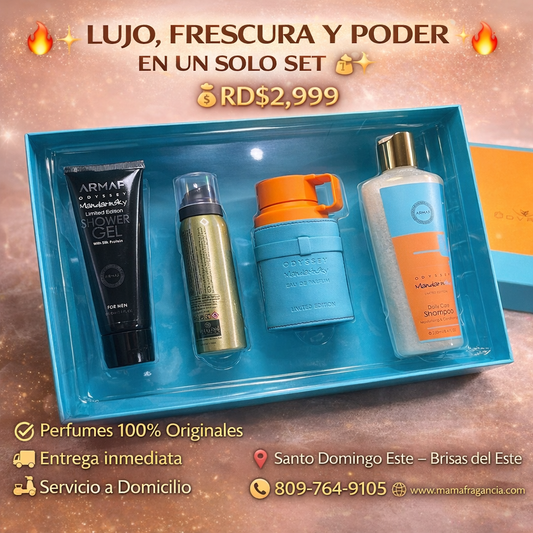 🔥✨ LUJO, FRESCURA Y PODER EN UN SOLO SET ✨🔥 
💰RD$2,999

Descubre el set completo Armaf Odyssey Mandarin Sky – Limited Edition, diseñado para el hombre que quiere oler impecable desde la ducha hasta el último momento del día.

Incluye:
🖤 Shower Gel – L